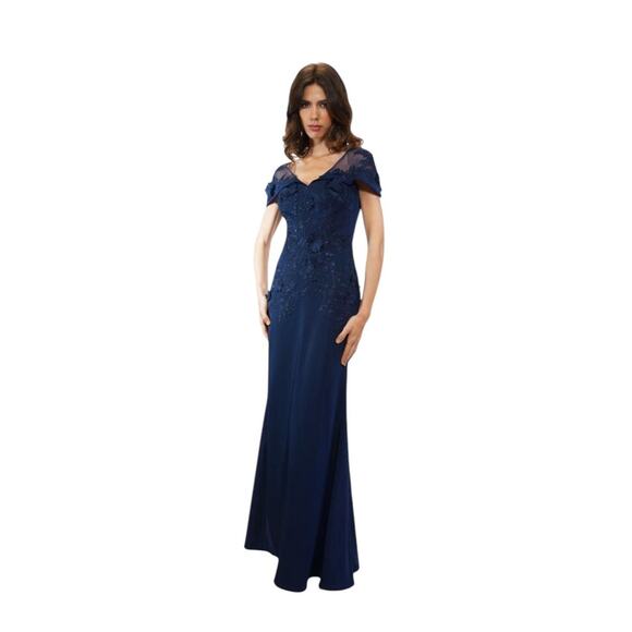 CARLA RUIZ Blue Mesh Floral Applique V neck Short Sleeve‎ Long Dress-Size 14 - Picture 1 of 12